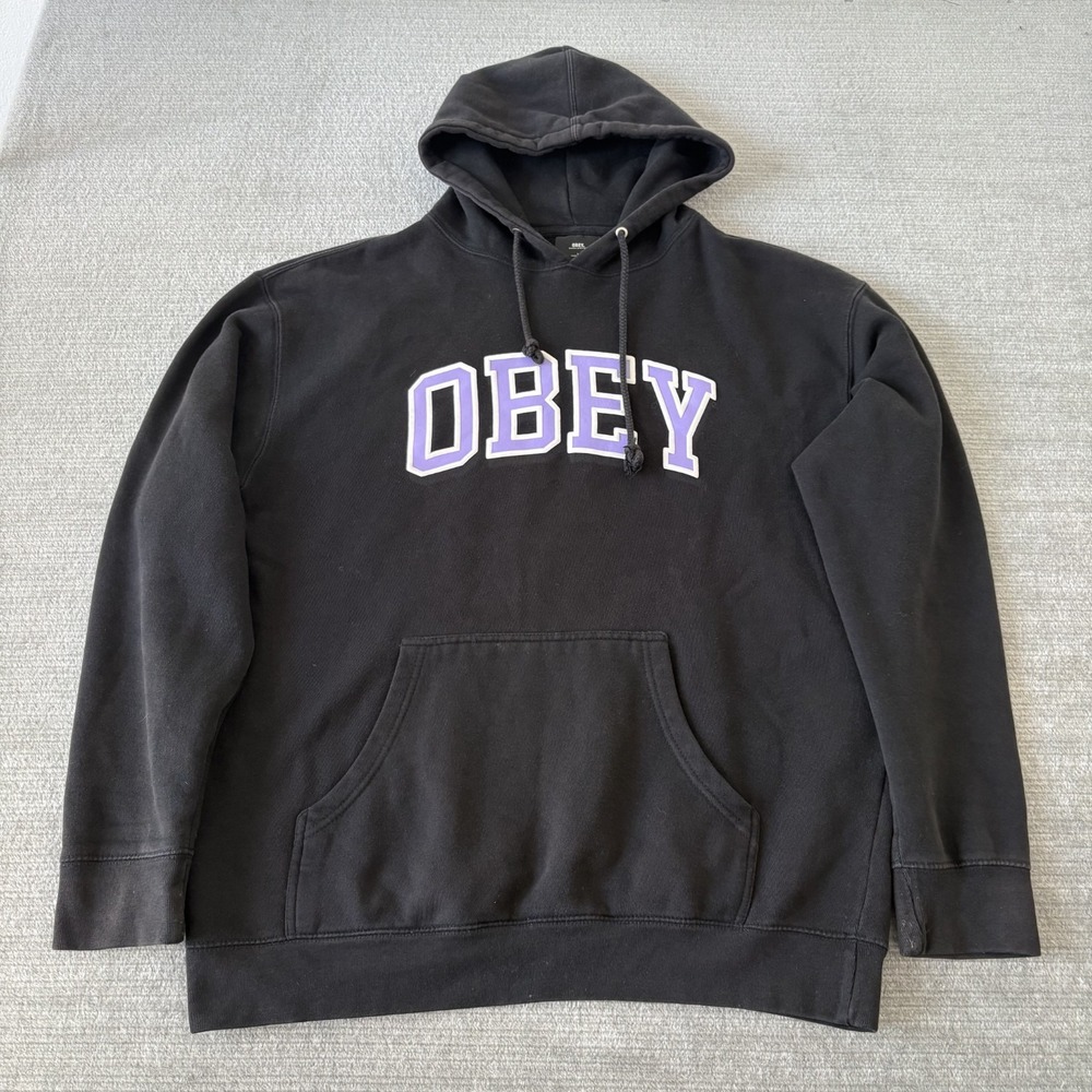 Obey Worldwide Hoodie Sweater Men L Black Purple Spell Out Logo Skater Grunge